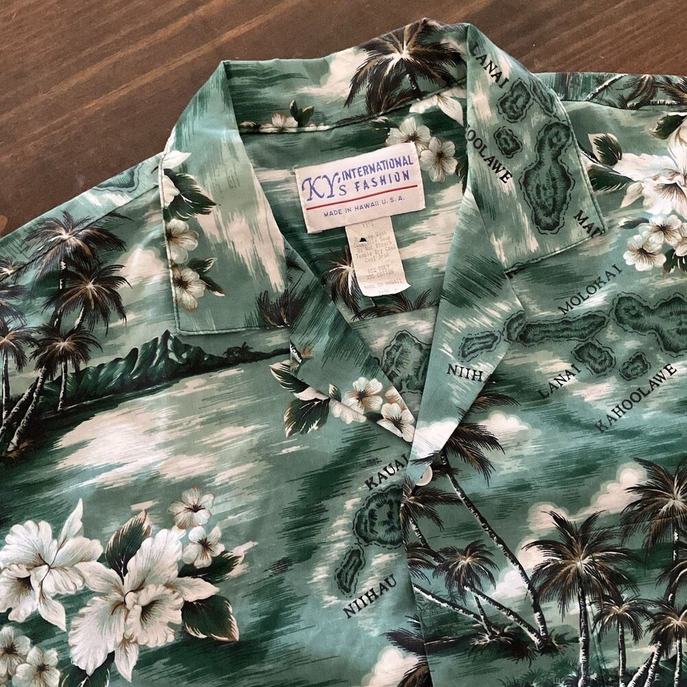 Vintage Hawaiian Shirt Mens Medium Green Tropical Aloha Camp Tiki Beach Surf USA